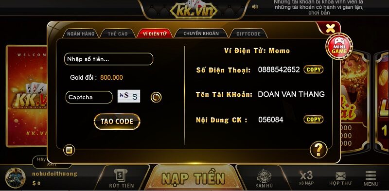 Nạp tiền qua ví điện tử đạt chuẩn 10/10 điểm tại cổng game nổ hũ KKVin